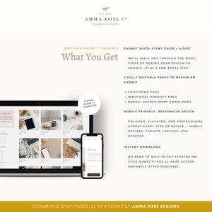 Pu&ograve; includere: Un mockup di due pagine web per un negozio online, che mostra un modello Showit di 3 pagine. Il testo "What You Get" &egrave; visualizzato in un carattere grande. Il testo "Shop Home Page", "Individual Product Page" e "Bonus! Header Drop-Down Menu" sono elencati come funzionalit&agrave;. Il testo "Mobile Friendly, Responsive Design" &egrave; anche visualizzato. Il testo "Ecommerce Shop Pages (2) with Showit by Amma Rose Designs" &egrave; visualizzato nella parte inferiore dell'immagine.