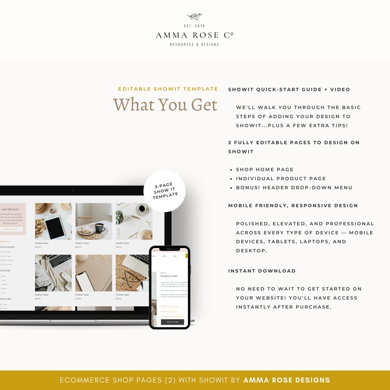 Pu&ograve; includere: Un mockup di due pagine web per un negozio online, che mostra un modello Showit di 3 pagine. Il testo "What You Get" &egrave; visualizzato in un carattere grande. Il testo "Shop Home Page", "Individual Product Page" e "Bonus! Header Drop-Down Menu" sono elencati come funzionalit&agrave;. Il testo "Mobile Friendly, Responsive Design" &egrave; anche visualizzato. Il testo "Ecommerce Shop Pages (2) with Showit by Amma Rose Designs" &egrave; visualizzato nella parte inferiore dell'immagine.
