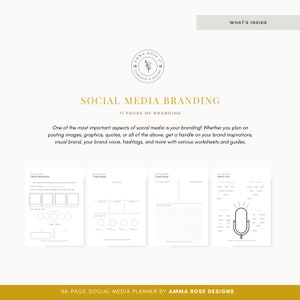May include: A digital planner for social media branding with 11 pages of worksheets and guides. The planner includes sections for visual brand, brand voice, and hashtags.