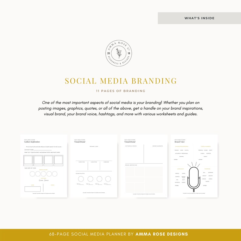 May include: A digital planner for social media branding with 11 pages of worksheets and guides. The planner includes sections for visual brand, brand voice, and hashtags.