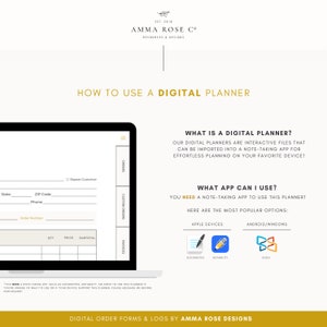May include: A digital planner guide with instructions on how to use a digital planner. The guide includes information on what a digital planner is, what apps can be used, and popular app options. The guide also includes a sample order form with fields for state, zip code, phone number, order number, quantity, price, and subtotal.