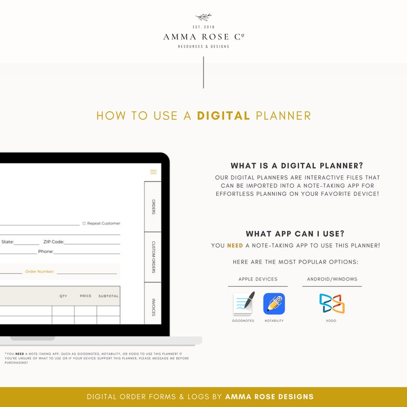 May include: A digital planner guide with instructions on how to use a digital planner. The guide includes information on what a digital planner is, what apps can be used, and popular app options. The guide also includes a sample order form with fields for state, zip code, phone number, order number, quantity, price, and subtotal.