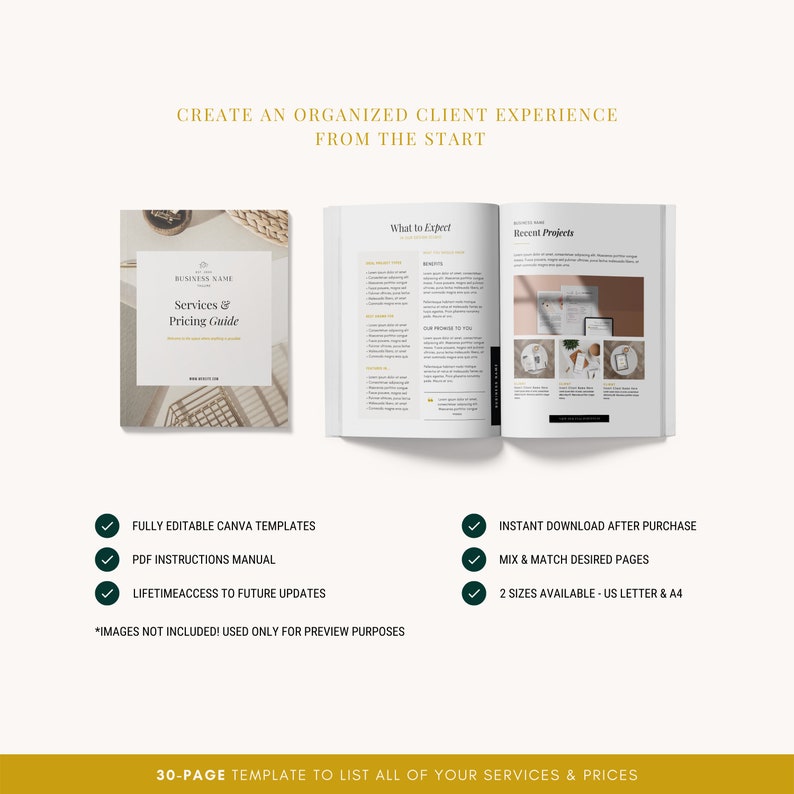 May include: A mockup of a 30-page template for a services and pricing guide. The template is fully editable in Canva and includes a PDF instruction manual. The guide features a modern design with a neutral colour palette and a minimalist aesthetic.