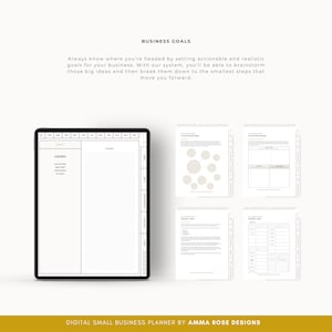 May include: A digital planner for small businesses with a black and white design. The planner includes sections for setting goals, brainstorming, and tracking progress. The text "BUSINESS GOALS" is at the top of the page.