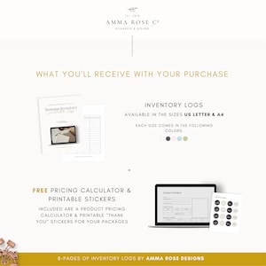 May include: A digital download of printable inventory logs in US Letter and A4 sizes. The logs are available in white, black, light blue, and light green. The download also includes a free printable pricing calculator and "thank you" stickers.