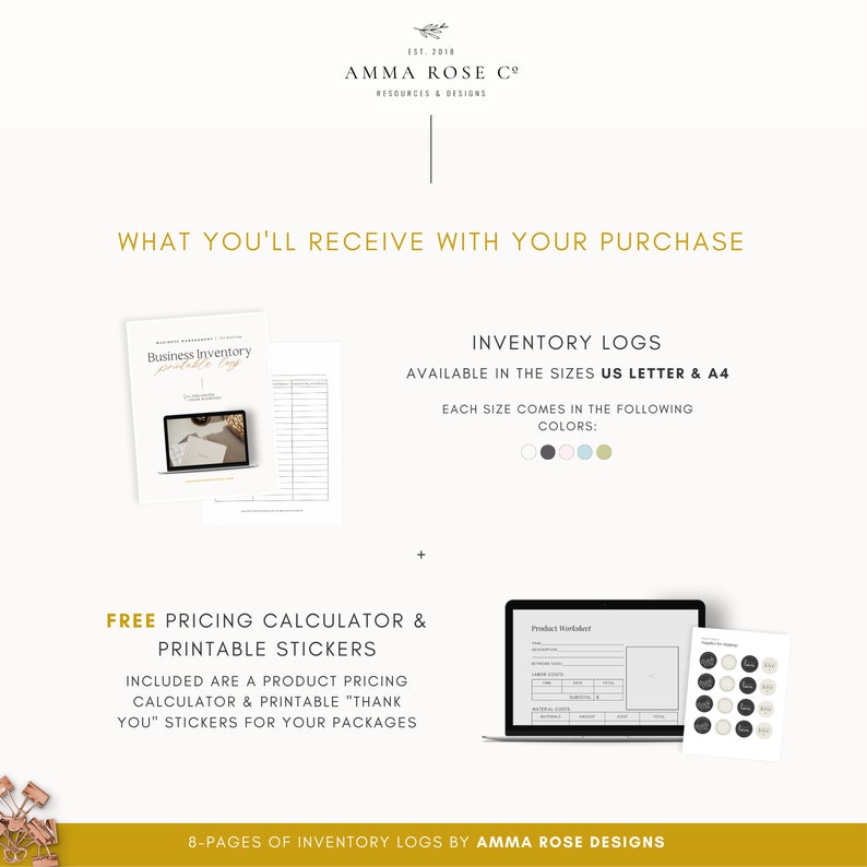 May include: A digital download of printable inventory logs in US Letter and A4 sizes. The logs are available in white, black, light blue, and light green. The download also includes a free printable pricing calculator and "thank you" stickers.