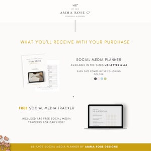 May include: A digital download for a 68-page social media planner in US Letter and A4 sizes. The planner is available in five colors: white, black, light blue, light green, and light pink. The planner includes a free social media tracker for daily use.