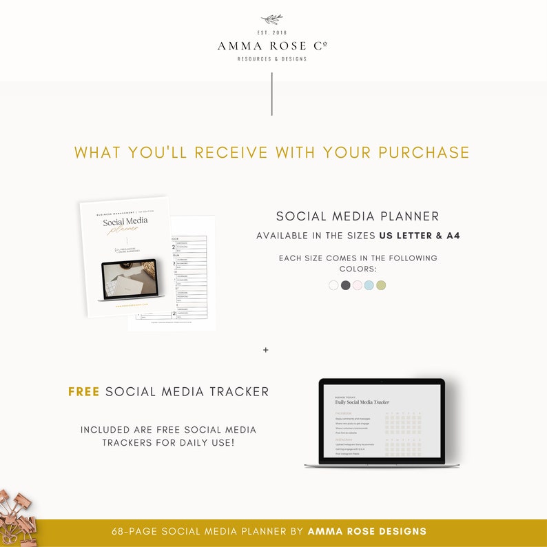 May include: A digital download for a 68-page social media planner in US Letter and A4 sizes. The planner is available in five colors: white, black, light blue, light green, and light pink. The planner includes a free social media tracker for daily use.
