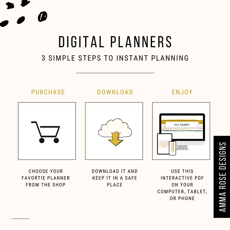 May include: A graphic illustration showing three steps to using digital planners. The steps are purchase, download, and enjoy. The purchase step shows a shopping cart icon. The download step shows a cloud with a downward arrow. The enjoy step shows a computer screen with a digital planner open on the screen. The text "stay humble." is visible on the planner.