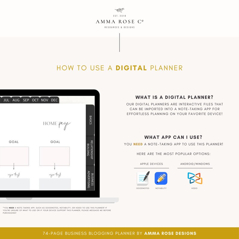 May include: A digital planner for business blogging with a home page, goal setting sections, and tabs for basics, building, relationship, advertising, and business. The planner is designed to be used with note-taking apps like Goodnotes, Notability, or Xodo. The image includes the text "74-page Business Blogging Planner by Amma Rose Designs".