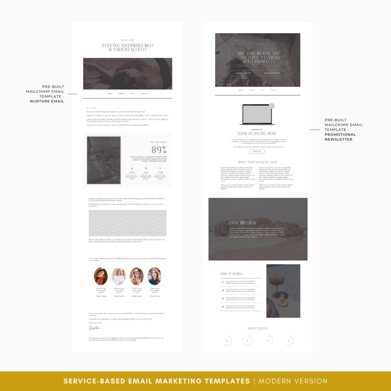 Pu&ograve; includere: Un modello di design di marketing digitale con uno sfondo beige chiaro. Il design include due layout di email con segnaposto di testo e immagini. Il testo include "Feeling Overwhelmed & Undervalued?" e "Are you ready to turn your passions into profit?"
