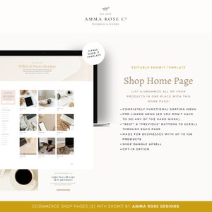 Pu&ograve; includere: Lo schermo di un laptop mostra una bozza di sito web per un negozio online chiamato "Willow & Thyme Boutique". Il sito web presenta una griglia di immagini di prodotti, una call to action per godere di uno sconto sul primo acquisto e una sezione "Home Page del negozio" con un elenco di funzionalit&agrave;. Il testo "EST. 2018 AMMA ROSE C&ordm; RESOURCES & DESIGNS" appare nella parte superiore dello schermo.