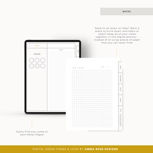 May include: A digital planner with a gridded page for notes. The page is labeled "my notes" and has a section for dates and a section for reminders. The planner also has a page with a section for note pages and a section for a daily log.