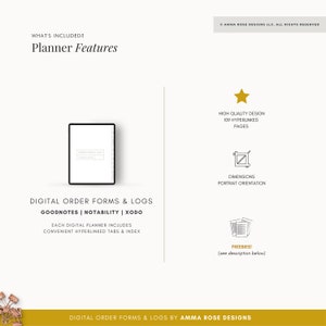 May include: A digital planner with the text "Digital Order Forms & Logs" and "Goodnotes | Notability | Xodo" on a white background. The planner features high quality design, 109 hyperlinked pages, and convenient hyperlinked tabs and index.