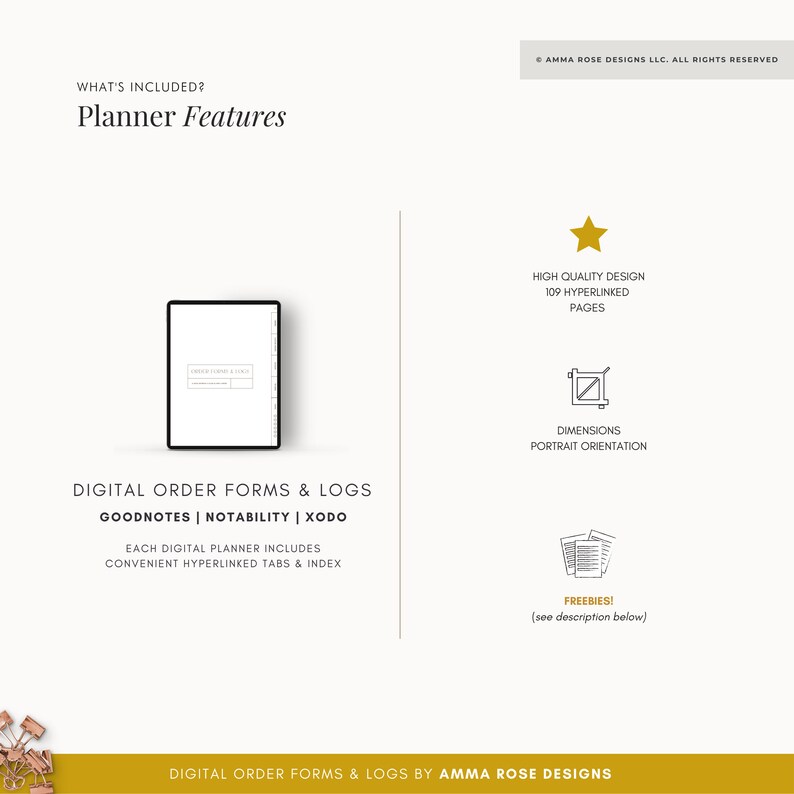 May include: A digital planner with the text "Digital Order Forms & Logs" and "Goodnotes | Notability | Xodo" on a white background. The planner features high quality design, 109 hyperlinked pages, and convenient hyperlinked tabs and index.