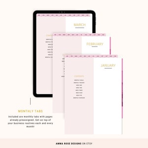 May include: A digital planner with monthly tabs for January, February, and March. Each tab has a pink background and gold text. The planner includes sections for monthly goals, monthly tracker, weekly sections, and a monthly overview.