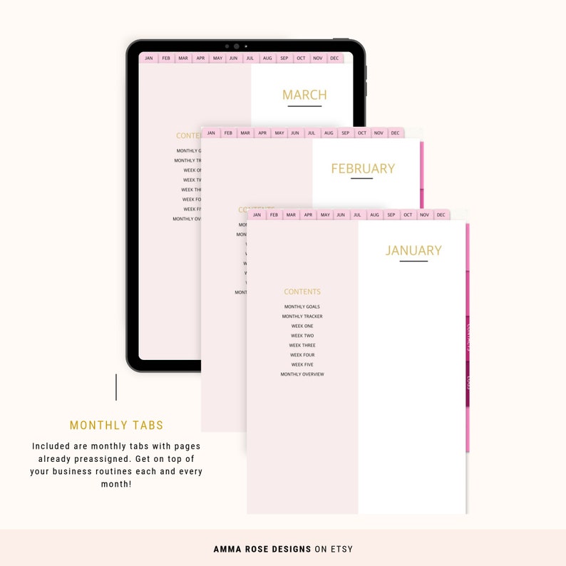 May include: A digital planner with monthly tabs for January, February, and March. Each tab has a pink background and gold text. The planner includes sections for monthly goals, monthly tracker, weekly sections, and a monthly overview.