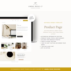 Pu&ograve; includere: Un mockup di un modello di pagina prodotto di e-commerce per un sito web. Il modello presenta un nome prodotto, un prezzo, una descrizione e immagini. Il modello include anche un pulsante di invito all'azione per aggiungere il prodotto al carrello. Il modello &egrave; progettato per essere utilizzato con il costruttore di siti web Showit.