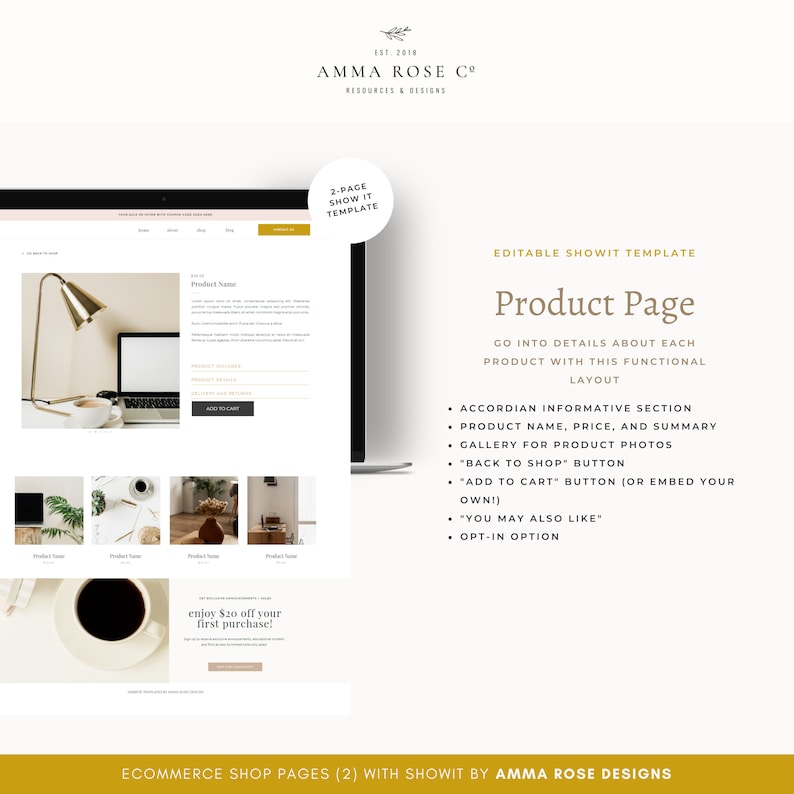 Pu&ograve; includere: Un mockup di un modello di pagina prodotto di e-commerce per un sito web. Il modello presenta un nome prodotto, un prezzo, una descrizione e immagini. Il modello include anche un pulsante di invito all'azione per aggiungere il prodotto al carrello. Il modello &egrave; progettato per essere utilizzato con il costruttore di siti web Showit.