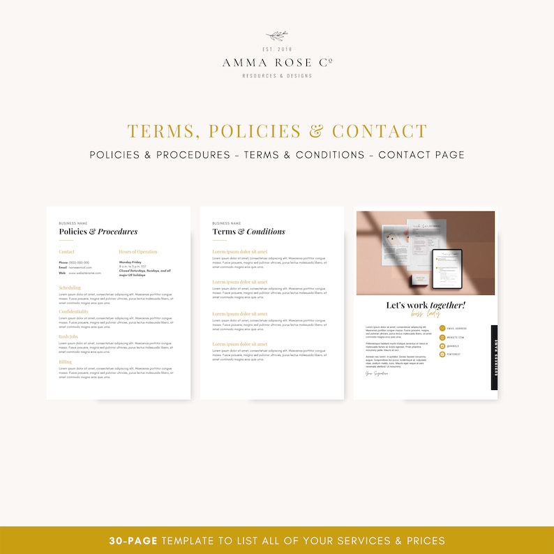 May include: A 30-page template for listing services and prices. The template includes sections for policies and procedures, terms and conditions, and a contact page. The contact page features a section for a business logo, a call to action, and a signature line.