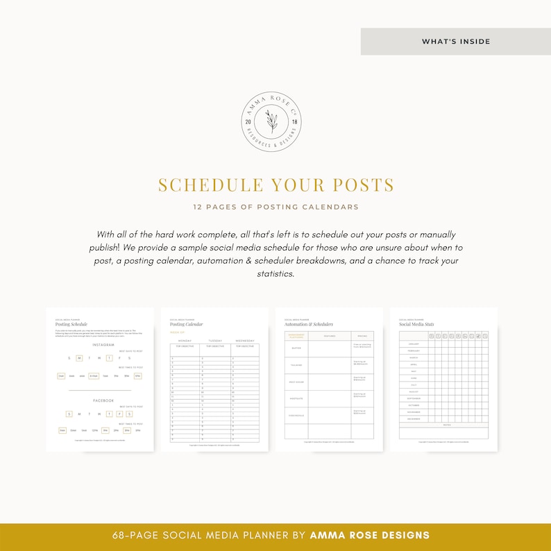 May include: A social media planner with 12 pages of posting calendars. The planner includes sections for posting schedules, a calendar, automation of schedulers, and social media metrics.