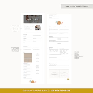 May include: A web design questionnaire template with sections for business details, branding, website details, and wrapping things up. The template is designed with a minimalist aesthetic and features a light brown background with a few colourful circles.