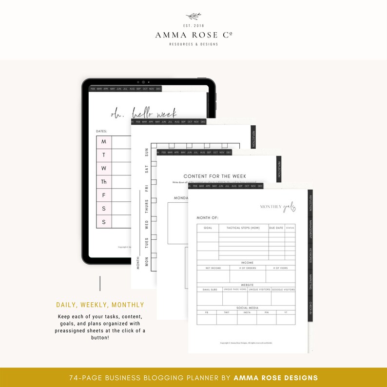 May include: A black and white digital planner with the text "AMMA ROSE CO" and "74-PAGE BUSINESS BLOGGING PLANNER BY AMMA ROSE DESIGNS". The planner includes sections for daily, weekly, and monthly planning, with a focus on content creation and business goals.