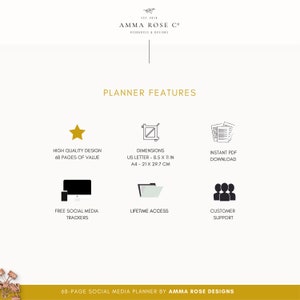 May include: A graphic with planner features for a 68-page social media planner. The features include high quality design, dimensions of 8.5 x 11 inches or 21 x 29.7 cm, instant PDF download, free social media trackers, lifetime access, and customer support.