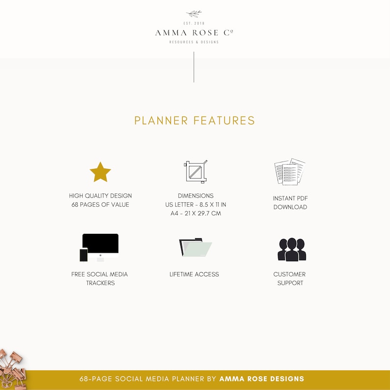 May include: A graphic with planner features for a 68-page social media planner. The features include high quality design, dimensions of 8.5 x 11 inches or 21 x 29.7 cm, instant PDF download, free social media trackers, lifetime access, and customer support.
