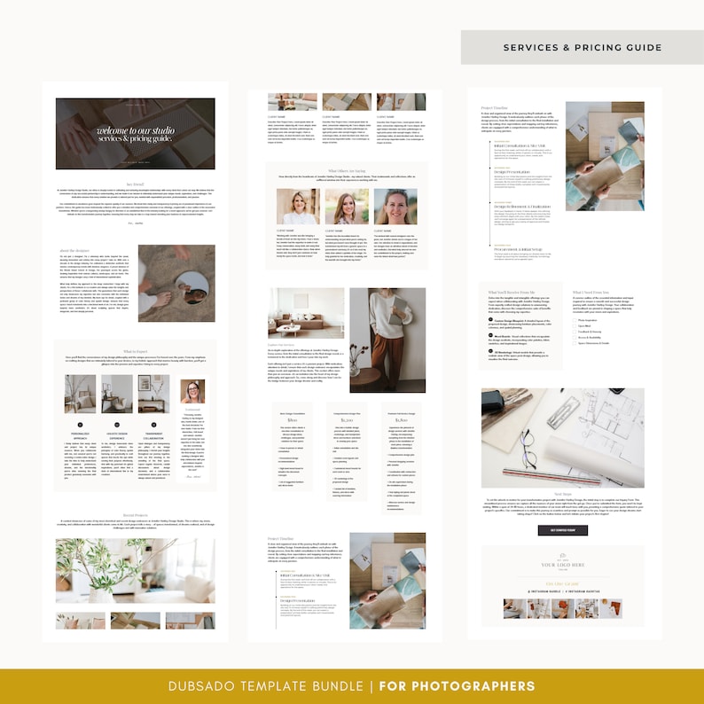 May include: A digital guide for photographers, with a welcome message, a list of services, and pricing information. The guide features images of a photographer's studio, a photographer taking photos, and a photographer's portfolio.