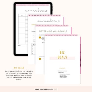 May include: A pink and white printable planner with the text "Annual Goals" and "Determine Your Goals". The planner includes sections for brainstorming, setting goals, and tracking progress.
