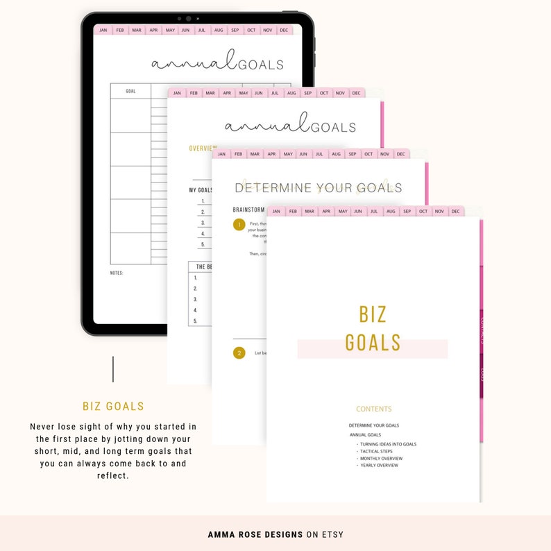 May include: A pink and white printable planner with the text "Annual Goals" and "Determine Your Goals". The planner includes sections for brainstorming, setting goals, and tracking progress.