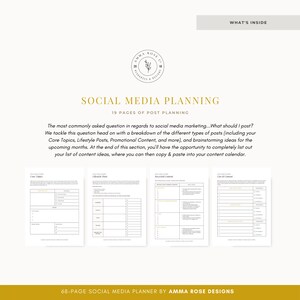 May include: A social media planning guide with 19 pages of content. The guide includes sections for core topics, lifestyle posts, recycled content, and a list of content ideas. The guide is designed to help users plan their social media content.