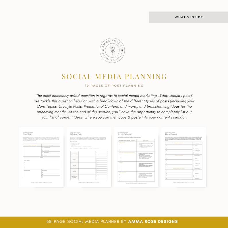 May include: A social media planning guide with 19 pages of content. The guide includes sections for core topics, lifestyle posts, recycled content, and a list of content ideas. The guide is designed to help users plan their social media content.