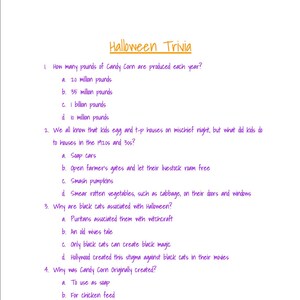 May include: A purple and yellow Halloween trivia quiz with five questions about the holiday. The questions cover topics like the origin of candy corn and the history of Halloween traditions.