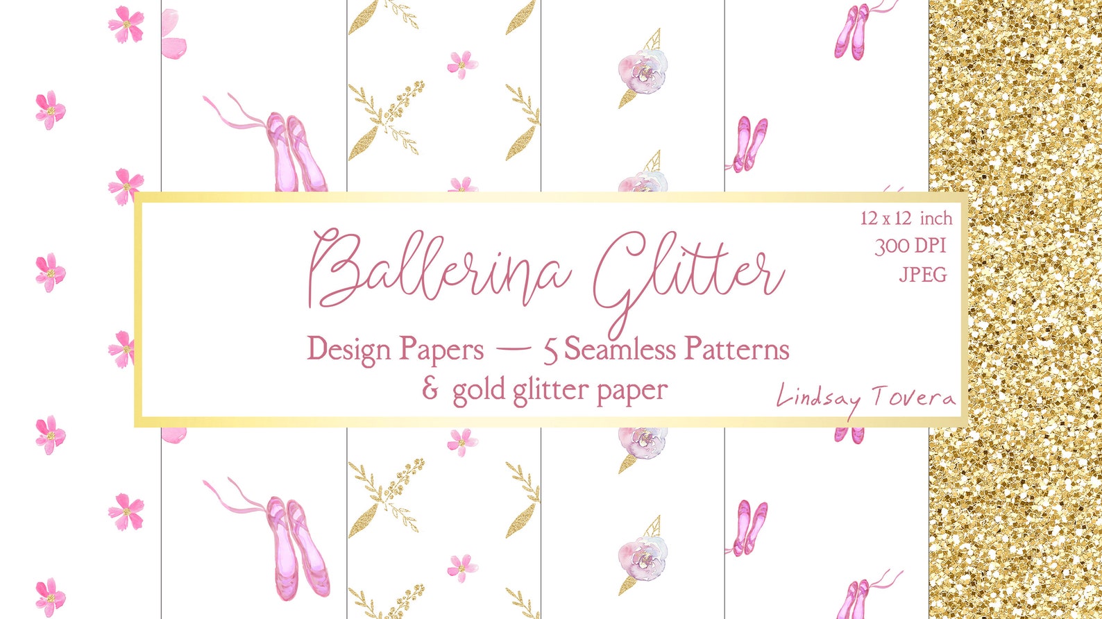 watercolor ballerina digital paper | pink ballet shoes scrapbook papers | blush pink gold glitter | seamless pattern paper digit