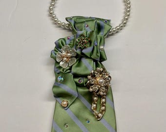 Womens Statement Tie Necklace, Pearl Bling Necklace, Rhinestone Statement Jewelry, upcycled fashion jewelry, Handmade Fashion Necklace