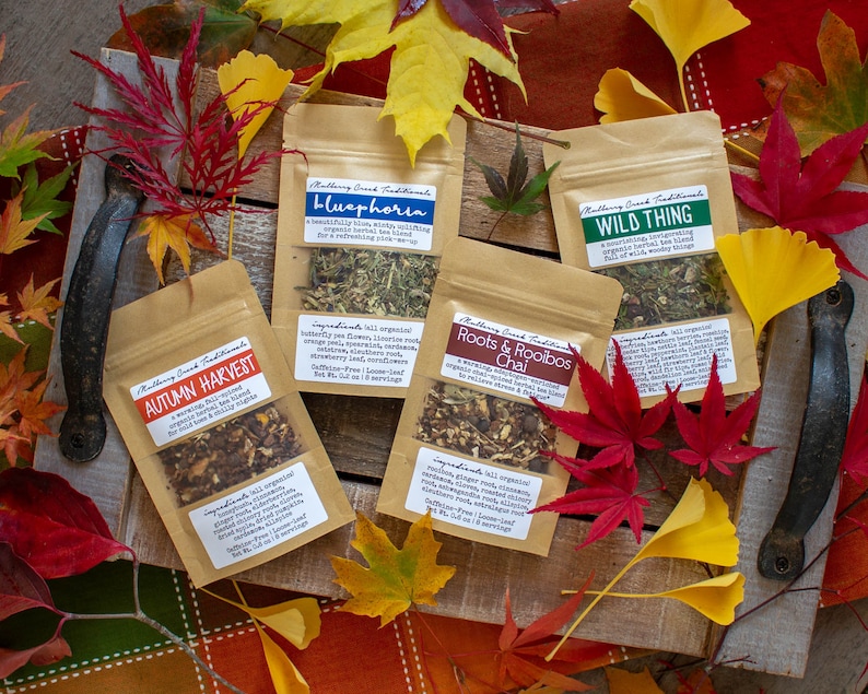 May include: An overhead shot of five tea packets on a wooden tray, surrounded by colorful autumn leaves. The packets are labeled "Bluephoria," "Wild Thing," "Autumn Harvest," and "Roots & Rooibos Chai." Each packet contains loose leaf tea and has a list of ingredients.