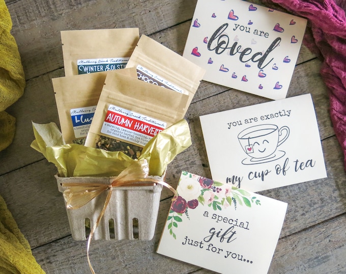 Herbal Tea GIFT BASKET with 4 Packs of Organic Loose-Leaf Medicinal Herbal Teas - Tea Sampler Berry Basket Gift Set