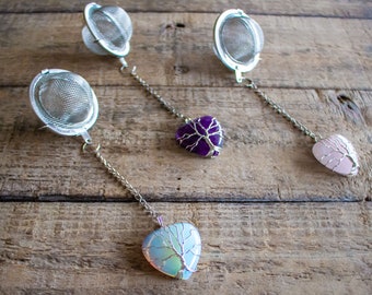 Wire-Wrapped Heart Gemstone Tea Ball Infuser - Amethyst, Rose Quartz, or Opalite crystal stone wire wrapped with Tree of Life design