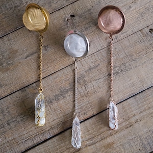 Gold / Rose Gold / Silver Wire-Wrapped Quartz Pillar Tea Ball Infuser -  tea steeper with wire wrapped tree on clear quartz crystal