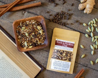 Roots & Rooibos Chai - a warming, chai-spiced organic herbal tea with adaptogens for stress support