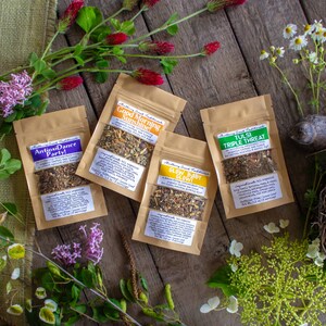 Puede incluir: Cuatro pequeñas bolsas de papel marrón con diferentes mezclas de té de hierbas. Las bolsas están etiquetadas con "Good Morning Sunshine", "Antioxidant Party", "Glow Baby Glow" y "Tulsi Triple Threat". Las bolsas están dispuestas sobre una superficie de madera con flores y un nido de pájaro.