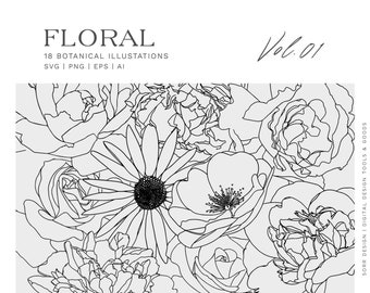 18 blommiga illustrationer | SVG-, PNG-, Ai- och EPS-format | Mångsidig grafik för varumärkesbyggande och webbdesign