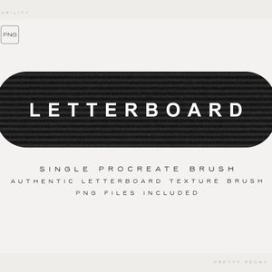 Pode incluir: Imagem em preto e branco de um quadro de letras com o texto "LETTERBOARD" em letras brancas. O texto "SINGLE PROCREATE BRUSH AUTHENTIC LETTERBOARD TEXTURE BRUSH PNG FILES INCLUDED" está abaixo do quadro de letras.