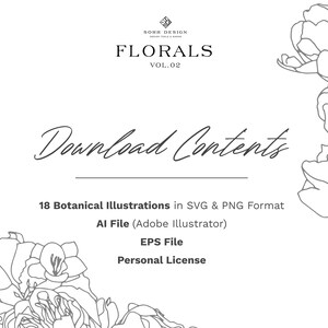 Może przedstawiać: Reklama produktu do projektowania cyfrowego z tekstem "FLORALS VOL.02" i "Download Contents". Obraz zawiera 18 ilustracji botanicznych w formacie SVG i PNG, plik AI i plik EPS, wszystko na licencji osobistej. Kwiatowa grafika liniowa zdobi krawędzie.