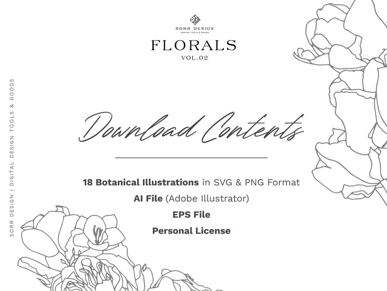 Może przedstawiać: Reklama produktu do projektowania cyfrowego z tekstem "FLORALS VOL.02" i "Download Contents". Obraz zawiera 18 ilustracji botanicznych w formacie SVG i PNG, plik AI i plik EPS, wszystko na licencji osobistej. Kwiatowa grafika liniowa zdobi krawędzie.