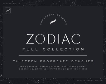 Zodiac Collection, Procreate-penselset, bokstavspenslar, konstpenslar, konstellationer, stjärnpenslar, yttre rymden, kalligrafipenslar