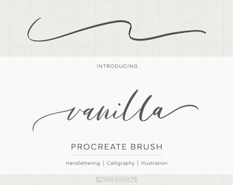 May include: Introducing Vanilla, a Procreate brush for hand lettering, calligraphy, and illustration. The brush is designed to create a flowing, elegant script.