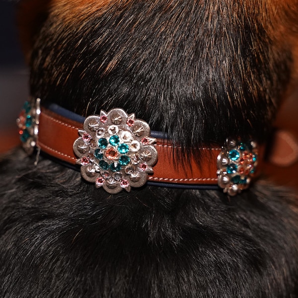 Swarovski Concho Hundehalsband - Light Teal & Peach on Antique Silver 18"